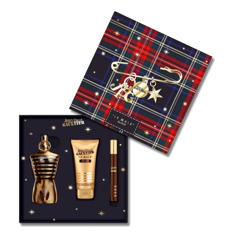 JPG Le Male Elixir Parfum 75ml Christmas Gift Set Flat Lay