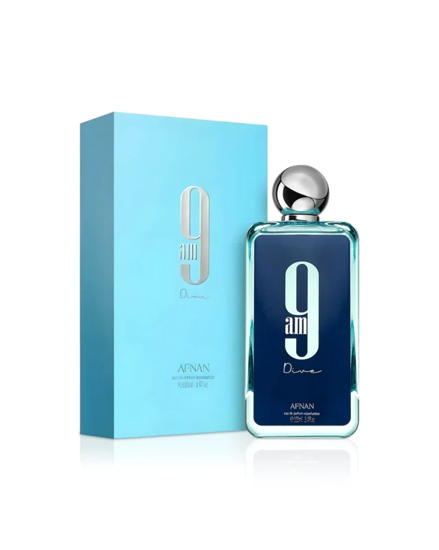 9am dive perfume bottle beside box against white background 1